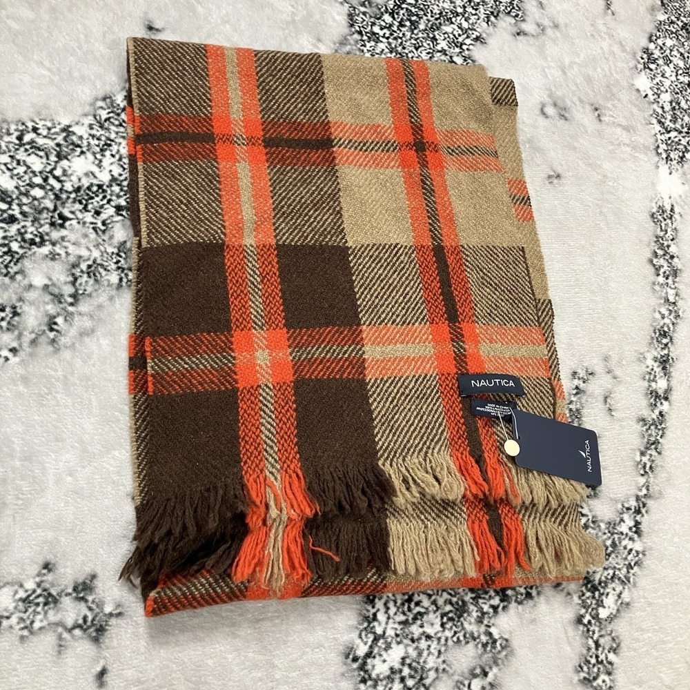 NWT Nautica 100% Lambswool Plaid Fringe Scarf Brown Orange Tan